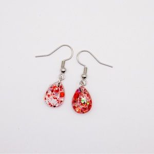 Red and White Glitter .5” Resin teardrop Earrings with silver Hardware